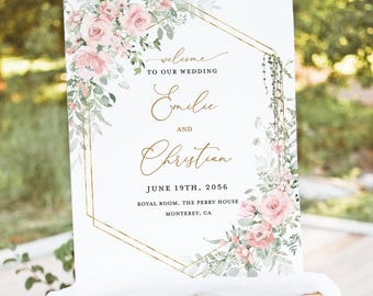 Blush Pink Sage Wedding Welcome Sign Template, Floral Gold Printable Boho Elegant Greenery Reception Decor Large Signage Poster, Download