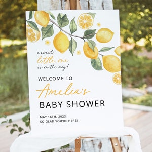 Plantilla de letrero de bienvenida para baby shower de Sweet Little One Lemon, letrero de baby shower de cítricos imprimible, póster de bienvenida de flor amarilla, descargar