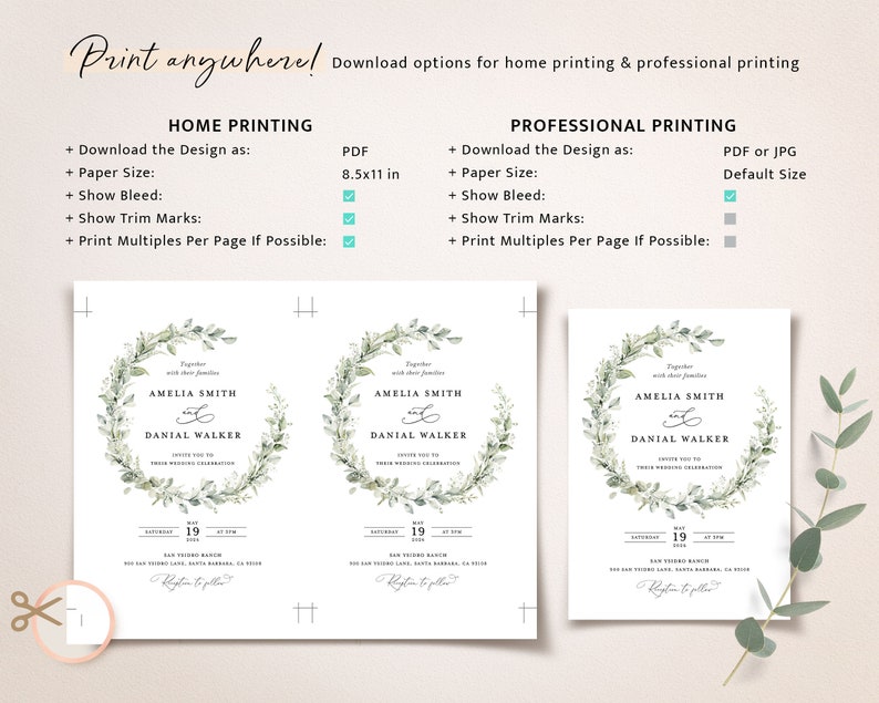 Sage Boho Wedding Invitation Template, Greenery Wedding Invite Set, Elegant Eucalyptus Minimalist Editable Details Card, Printable RSVP image 8