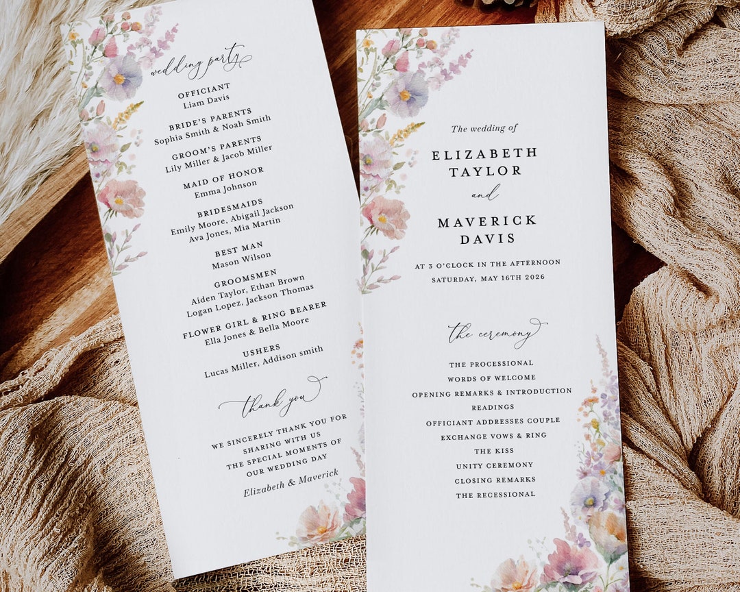Boho Wildflower Wedding Programs Template, Floral Ceremony Program ...