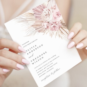 Boho Blush Pink Wedding Invitation Template, Floral Wedding Invites, Printable Elegant Dusty Rose Pampas Wedding Invitation, Download