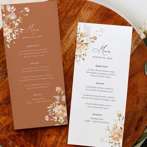 Szablon karty menu weselnego z terakoty, boho kwiatowe menu przyjęcia, eleganckie menu kolacji w kolorze spalonej pomarańczy i beżu, do wydrukowania, natychmiastowe pobranie
