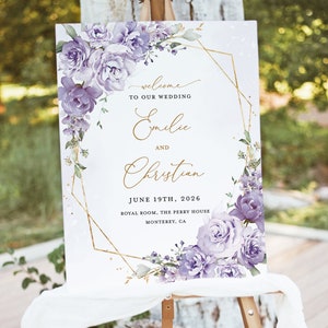 Modello di cartello di benvenuto per matrimonio alla lavanda, cartello di arredamento per ricevimento in oro floreale lilla, segnaletica grande stampabile elegante Boho Purple Garden, download
