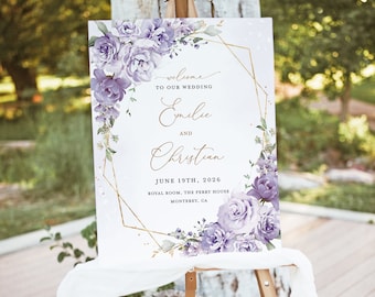 Plantilla de signo de bienvenida de boda de lavanda, signo de decoración de recepción de oro floral lila, señalización grande imprimible elegante Boho Purple Garden, descargar