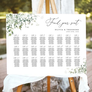 Modelo de gráfico de assentos de casamento Sage Greenery, sinal botânico para impressão grande de assentos para convidados, placa de assento de mesa rústica editável Boho