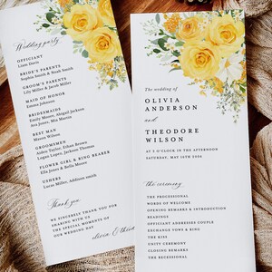 May include: Wedding ceremony program with yellow floral design. The program lists the officiant, bride's parents, groom's parents, maid of honor, bridesmaids, best man, groomsmen, flower girl and ring bearer, ushers, and the ceremony order. The wedding is for Olivia Anderson and Theodore Wilson, taking place on Saturday, May 16th, 2054.