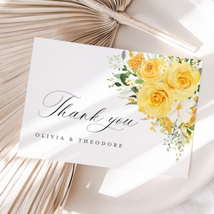 Modèle de carte de remerciement jaune pour mariage floral, mot de remerciement bohème, élégant marque de table de remerciement jardin de fleurs sauvages sauge rose, téléchargement