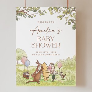 Plantilla clásica de bienvenida para baby shower de Winnie the Pooh, letrero editable de "Oh Baby Shower", póster de bienvenida con oso verde, descarga instantánea imagen 9