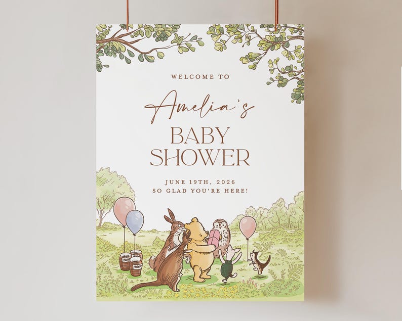 Plantilla clásica de bienvenida para baby shower de Winnie the Pooh, letrero editable de "Oh Baby Shower", póster de bienvenida con oso verde, descarga instantánea imagen 9
