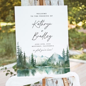 Modello di cartello di benvenuto per matrimonio in montagna, cartello modificabile in pino forestale del lago, cartello decorativo per reception in salvia rustica, segnaletica di grandi dimensioni stampabile