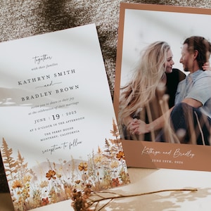 Fall Mountain Wedding Invitation Template Set, Wildflower Terracotta Forest Wedding Invite Suite, Rustic Details Card, RSVP, Download image 4