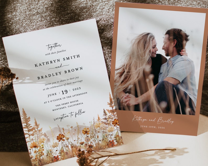 Fall Mountain Wedding Invitation Template Set, Wildflower Terracotta Forest Wedding Invite Suite, Rustic Details Card, RSVP, Download image 4