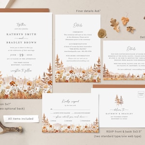 Fall Mountain Wedding Invitation Template Set, Wildflower Terracotta Forest Wedding Invite Suite, Rustic Details Card, RSVP, Download image 2