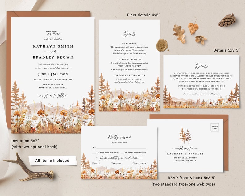 Fall Mountain Wedding Invitation Template Set, Wildflower Terracotta Forest Wedding Invite Suite, Rustic Details Card, RSVP, Download image 2