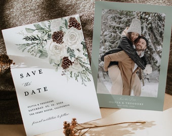 Winter Sage Green Save The Date Cards Template, Photo White Floral Wedding Save The Dates, Boho Rustic Forest Pine Rose Invites, Download