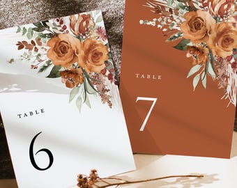 Boho Terracotta Wedding Table Numbers Card Template, Floral Modern Table Numbers, Elegant Burnt Orange Rose Printable Table Number Cards