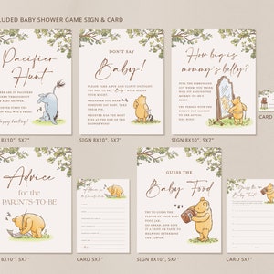 May include: Winnie the Pooh themed baby shower game signs and cards. The signs are 8x10 inches and the cards are 5x7 inches. The games include a pacifier hunt, a "don't say baby" game, a guess the baby food game, and a how big is mommy's belly game. The signs and cards feature Winnie the Pooh and Piglet illustrations.