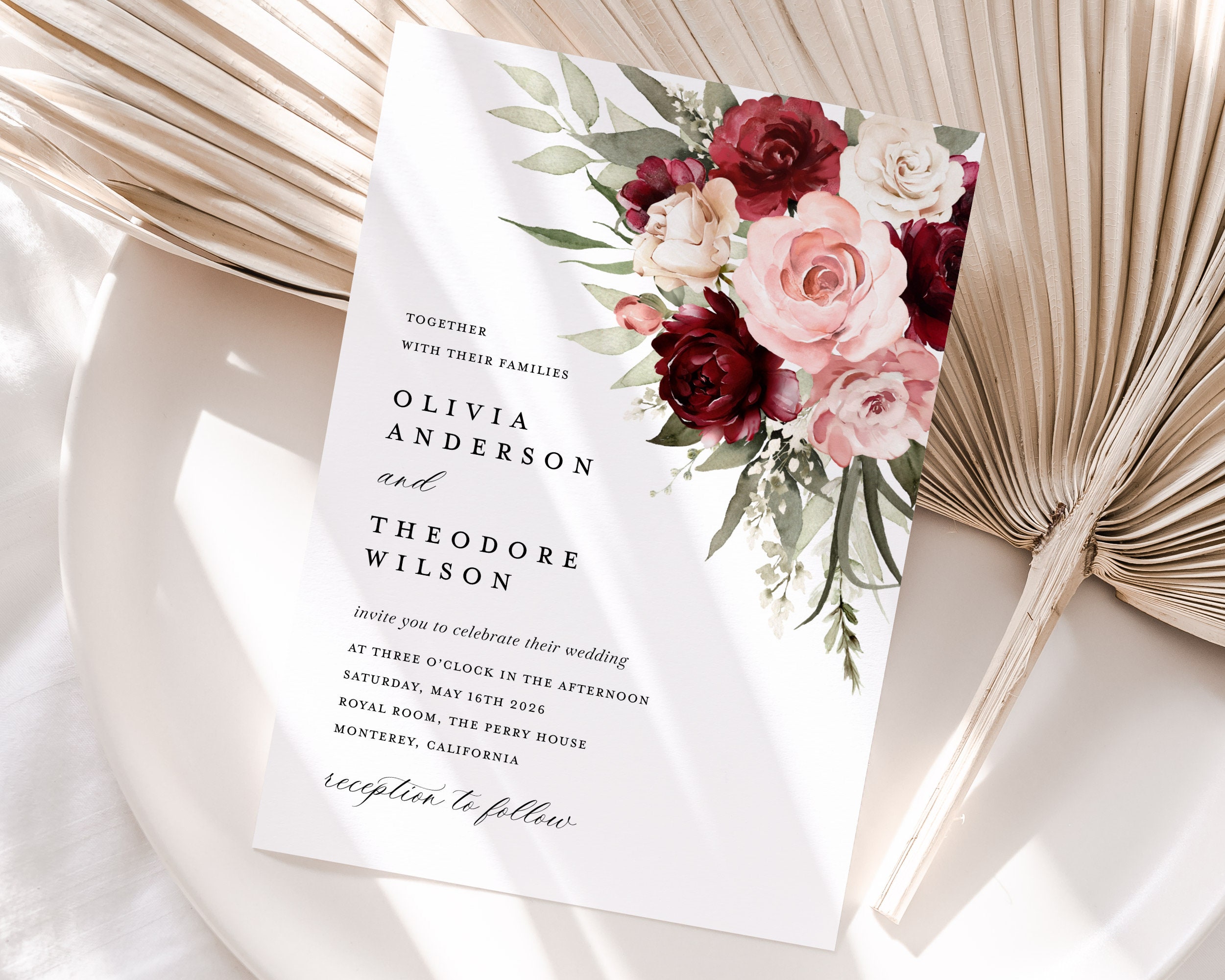 Burgundy Blush Pink Wedding Invitation Template, Boho Maroon Rose Wedding  Invites, Sage Marsala Floral Invitation, Red Printable Invite - Etsy, image size:2501x2000