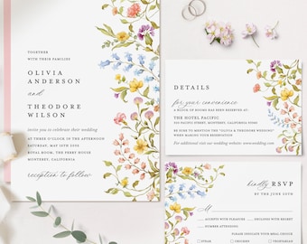 Boho Wildflower Wedding Invitation Template Set, Colorful Wedding Invite Suite, Floral Elegant Garden Details Card, Printable RSVP, Download