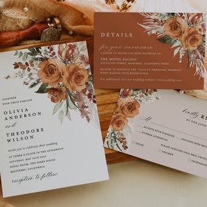 Terracotta Wedding Invitation Template Set, Boho Floral Wedding Invite Suite, Modern Burnt Orange Rose Elegant Details, Pampas RSVP image 5