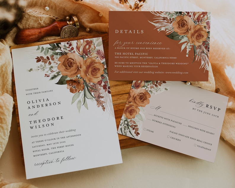 Terracotta Wedding Invitation Template Set, Boho Floral Wedding Invite Suite, Modern Burnt Orange Rose Elegant Details, Pampas RSVP image 5