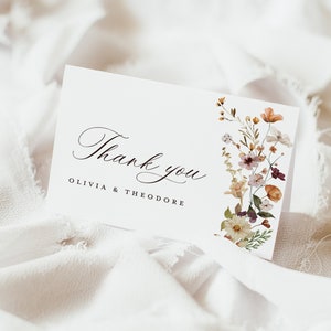 Boho Terrakotta Hochzeit Dankeskarte Vorlage, Wildblumen Dankeschön Note, elegante Gebrannte Orange Blumen Dankeschön Tischkarte, Download