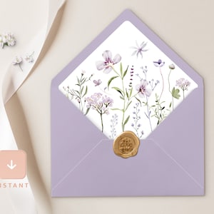 Lavender Envelope Liner, Sage Green A6 and A7 Euro flap & Square Flap Template, Printable DIY Lilac Wildflower Wedding Envelope Liner, Lana