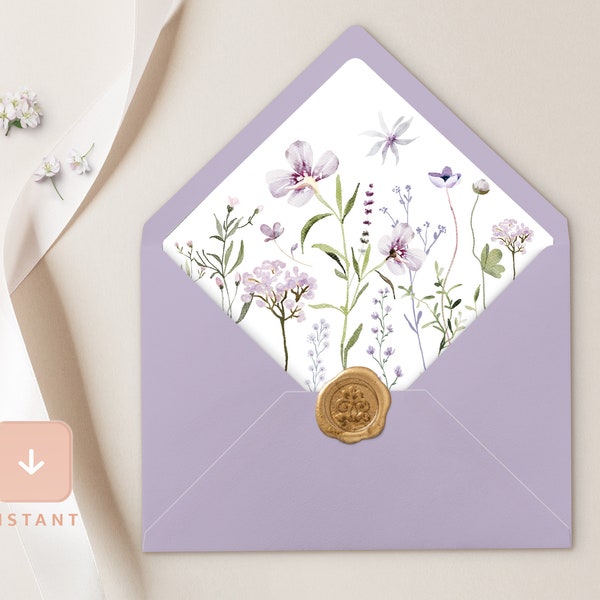 Lavender Envelope Liner, Sage Green A6 and A7 Euro flap & Square Flap Template, Printable DIY Lilac Wildflower Wedding Envelope Liner, Lana