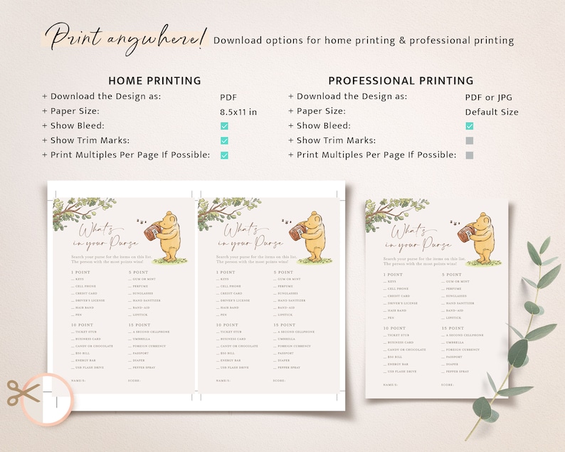 May include: Printable "What's in your Purse?" game featuring Winnie the Pooh. The game includes a list of items to find in a handbag, with points assigned to each item. The game is designed for a party or gathering.