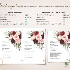 Burgundy Wedding Invitation Template, Boho Blush Pink Rose Wedding Invite Suite, Sage Marsala Floral Details Card, Printable RSVP, Download image 7