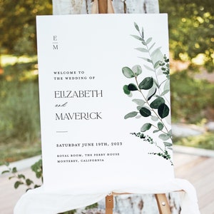 Modello di cartello di benvenuto per matrimonio verde salvia, cartello botanico modificabile, cartello decorativo per reception verde foresta ruggine moderna, segnaletica di grandi dimensioni stampabile