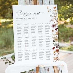Terracotta bruiloft zitplaatsen grafiek sjabloon, afdrukbare Boho Wildflower grote gast zitplaatsen grafiek teken, bloemen verbrand oranje tafel zitplaatsen Board