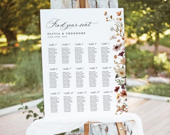 May include: A white wedding seating chart with a floral design on the right side. The chart is titled "Find your seat" and lists the names of guests assigned to each table. The chart is dated June 19th, 2093.
