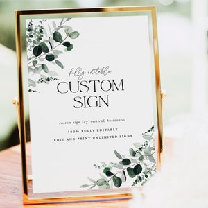 Modello di cartello per matrimonio personalizzato verde salvia, cartello decorativo per tavolo da ricevimento verdeggiante, poster di cartello botanico foresta rustica moderna stampabile modificabile