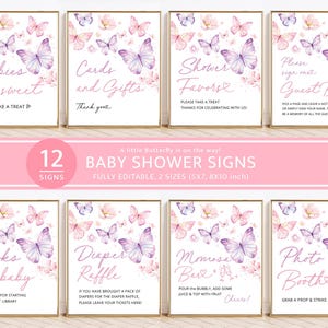 Little Butterfly Baby Shower Signs Bundle Template, Printable Editable Pink Purple Floral Sign Set, Baby Shower Decor Sign, Instant Download