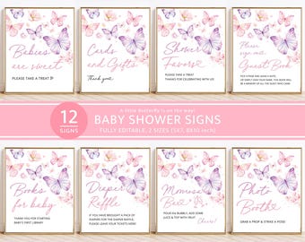 Little Butterfly Baby Shower Signs Bundle Template, Printable Editable Pink Purple Floral Sign Set, Baby Shower Decor Sign, Instant Download