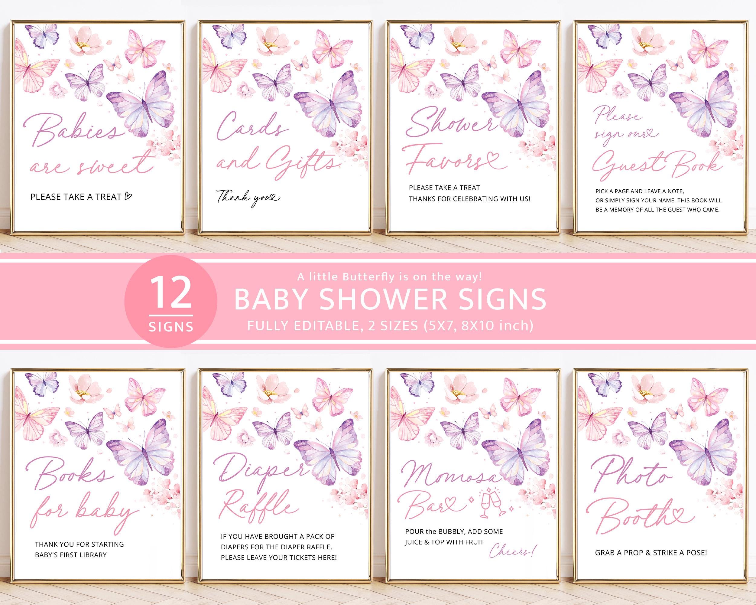 Little Butterfly Baby Shower Signs Bundle Template, Printable Editable Pink Purple Floral Sign Set, Baby Shower Decor Sign, Instant Download