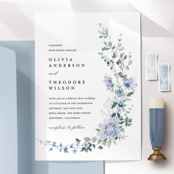 Dusty Blue Wedding Invitation Template, Boho Wildflower Floral Wedding Invites Card, Printable Elegant Light Steel Blue Invitations Download