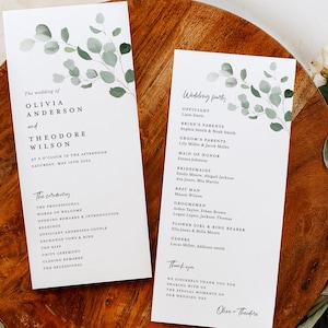 Plantilla de programas de bodas de salvia, programa de ceremonia de eucalipto, itinerario botánico de vegetación simple rústica boho, imprimible, descarga instantánea
