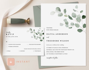 Sage Green Minimal Wedding Invitation Template, Eucalyptus Modern Invite, Rustic Greenery Invitation Set, Printable DIY Greenery RSVP
