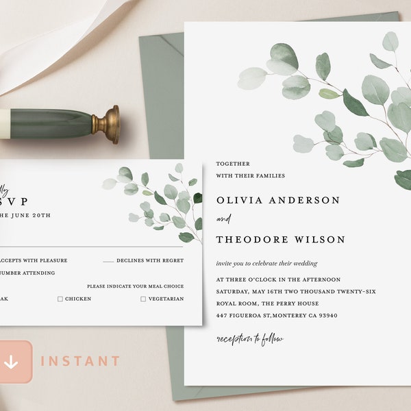 Sage Green Minimal Wedding Invitation Template, Eucalyptus Modern Invite, Rustic Greenery Invitation Set, Printable DIY Greenery RSVP