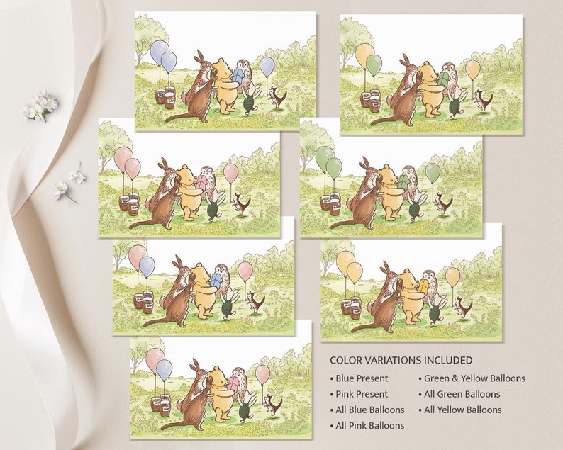 Puede incluir: Winnie de Pooh y sus amigos, incluyendo Piglet, Tigger y Owl, est&aacute;n reunidos para una fiesta de cumplea&ntilde;os. Est&aacute;n sosteniendo globos de varios colores, incluyendo azul, rosa, verde y amarillo. Los personajes est&aacute;n parados en un campo de hierba con algunos &aacute;rboles en el fondo.