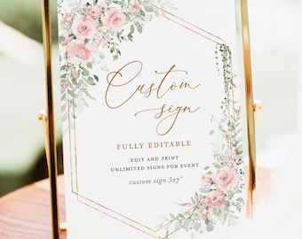 Szablon spersonalizowanego napisu ślubnego w kolorze różowego różu i szałwii, dekoracja stołu weselnego w kwiaty w kolorze złota, edytowalny napis boho z elegancką różą i zielenią, pobierz