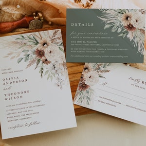 Boho Wedding Invitation Template, Sage Minimalist Wedding Invite Set, Elegant Floral Pampas Details Card, Terracotta Printable RSVP image 5
