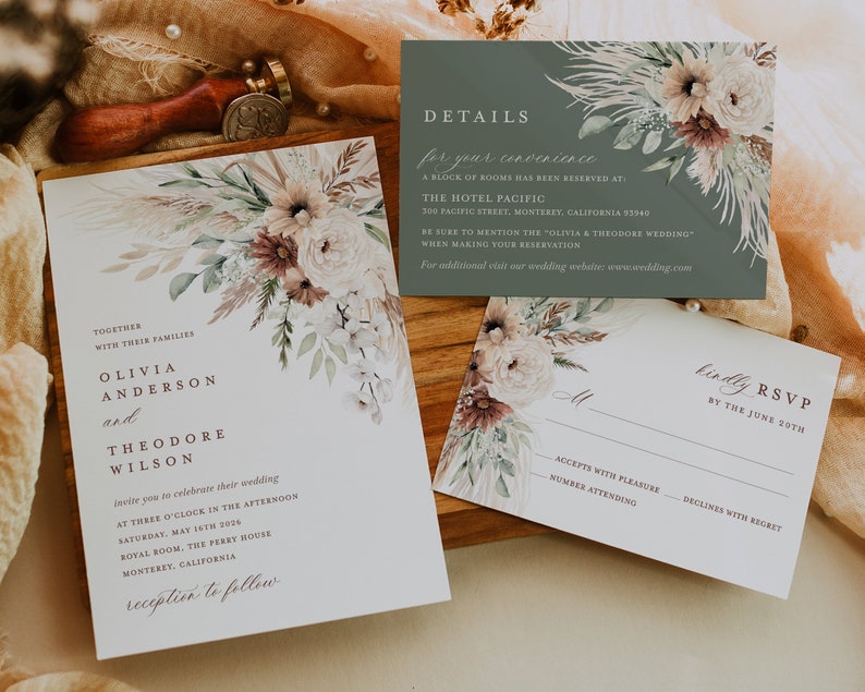 Boho Wedding Invitation Template, Sage Minimalist Wedding Invite Set, Elegant Floral Pampas Details Card, Terracotta Printable RSVP image 5