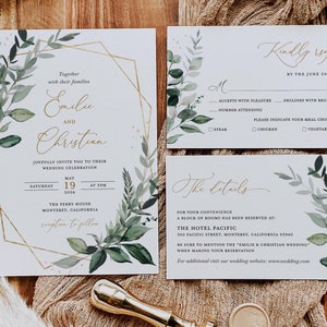 Ensemble de modèles de faire-part de mariage sauge verdure, suite d'invitations de mariage botanique or, carte de détails rustique élégant, RSVP géométrique imprimable