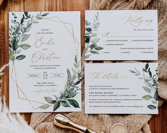 Sage Greenery Wedding Invitation Template Set, Botanical Gold Wedding Invite Suite, Elegant Rustic Details Card, Printable Geometric RSVP