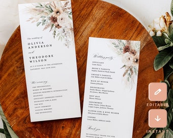 May include: A printable wedding ceremony program with a floral design featuring dried grasses, pampas grass, and white and brown flowers. The program includes the wedding party, officiant, and ceremony order.