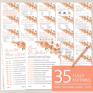 Sweet Little Peach Baby Shower Games Set, Printable Pink Baby Shower, Editable Peach Orange Citrus Shower Game Bundle Pack Template Download