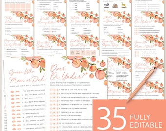 Sweet Little Peach Baby Shower Games Set, Printable Pink Baby Shower, Editable Peach Orange Citrus Shower Game Bundle Pack Template Download